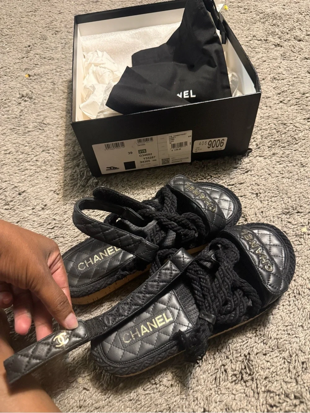 CHANEL Black Quilted Rope Lace-Up Slingback Sandals with Gold Logo